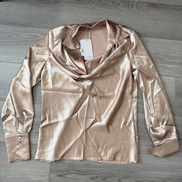 Commense Elegant Satin Old Money Pleated Long Sleeve Blouse Champagne Small - Picture 2 of 6